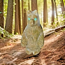 Zuni Fetish Standing Bear Stone Turquoise Eyes Pueblo Indian Tiny 2.5 H x 3/4" W