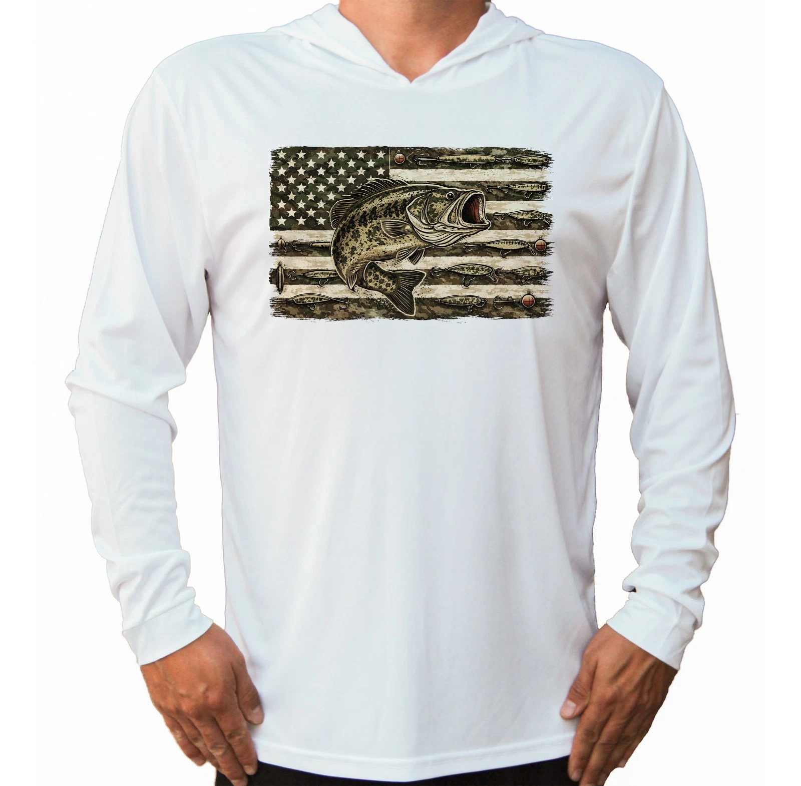 Camo American Flag Bass Fishing Sun T-Shirt UV Protected UPF 50 Long Sleeve Hood