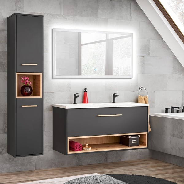 BadmöBel Set Doppelwaschtisch Hochschrank Led Spiegel Anthrazit Eiche Badezimmer-image