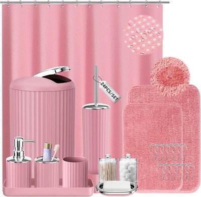 24 PCS Pink Bathroom Accessories Set with Shower Curtain and Rugs, Bathroom Sets