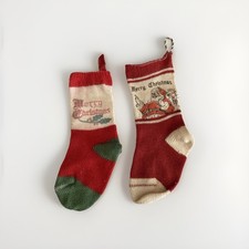 Vintage Miniature Knitted Christmas Stockings, Lot of 2, Santa  Holly, Retro