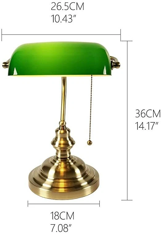 Traditional Green Banker Desk Lamp Pull Chain Switch Glass Light Satin Brass - Image 3 of 4