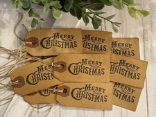 25 Small Black MERRY CHRISTMAS Primitive Coffee Stained Price Hang Tags gift lot