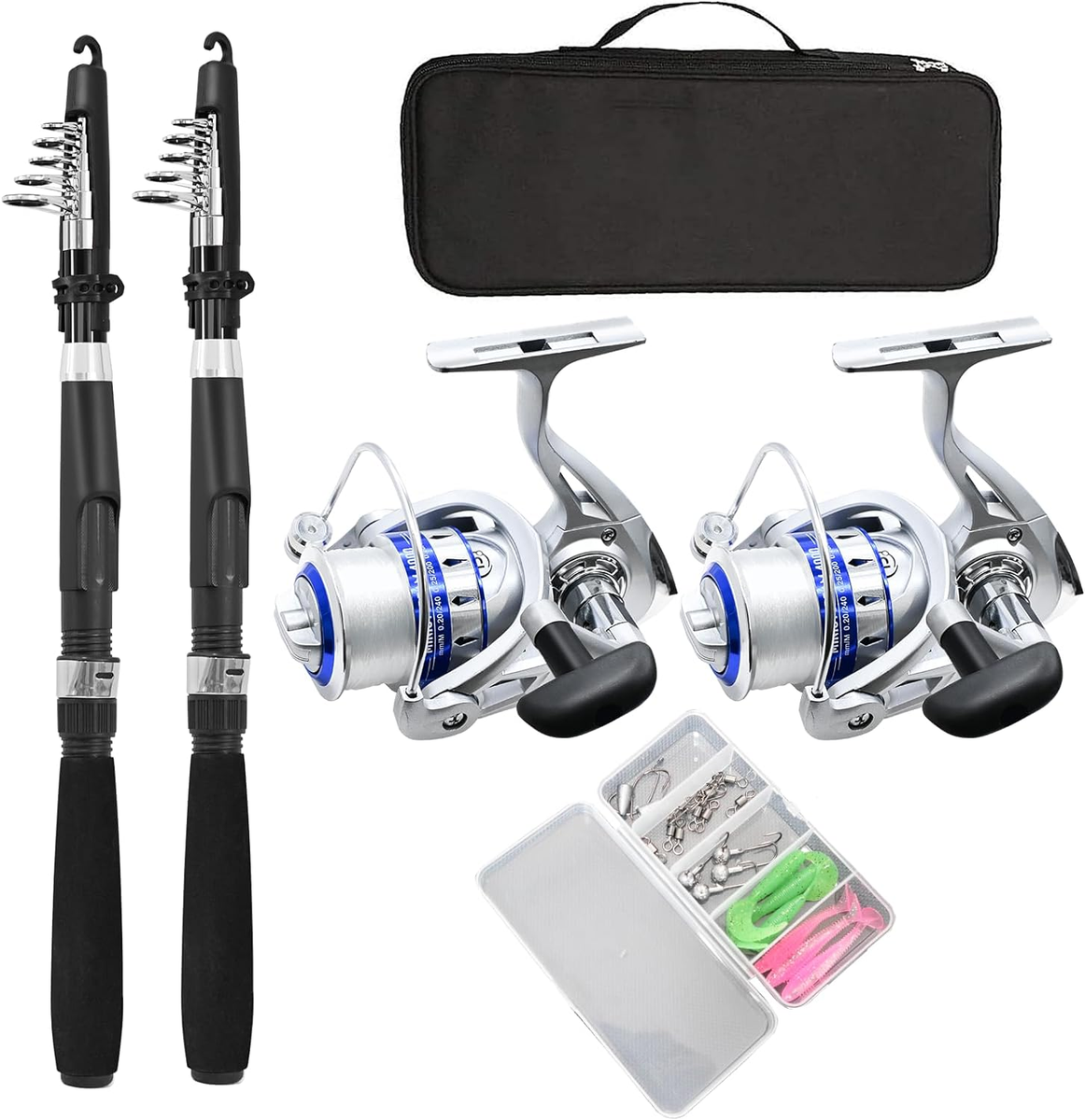 Fishing 2PCS Collapsible Rods Spinning Reels Lures Carbon  Fiber