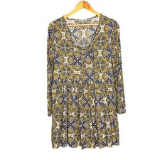 Entro Boho Printed Mini Dress Size M Long Sleeve Rayon Blend