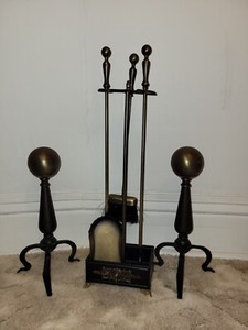  Cannonball Cast , Andiron , Fireside Brass and Iron Tool Set