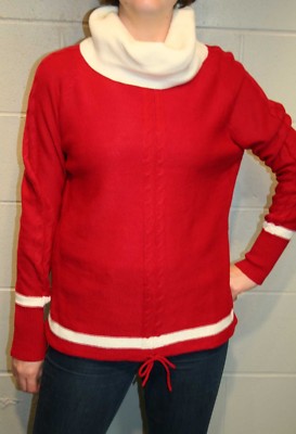 L-XL NOS SWEATER VTG 1970s RED KNIT CREAM Stripe COWL NECK DRAWSTRING Waist
