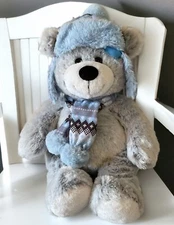HUGFUN International 18" Gray White Soft Plush Bear with Fuzzy Scarf and Hat