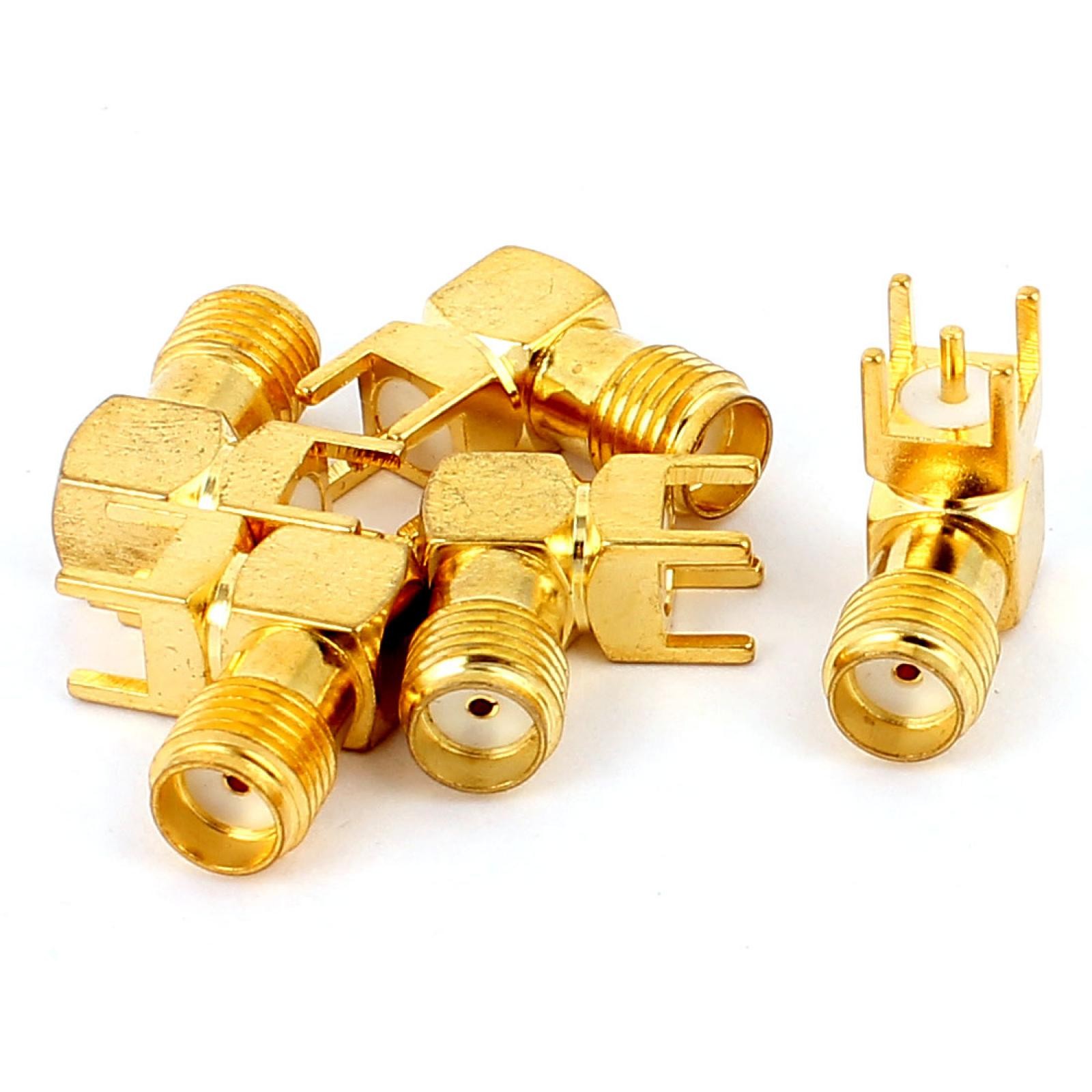 5pcs Gold Tone SMA Female to Male 90 Degree Solder PCB Mount RF Connector
