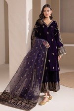Luxury Velvet Embroidered Pakistani Suit Purple 3PC Dress Set