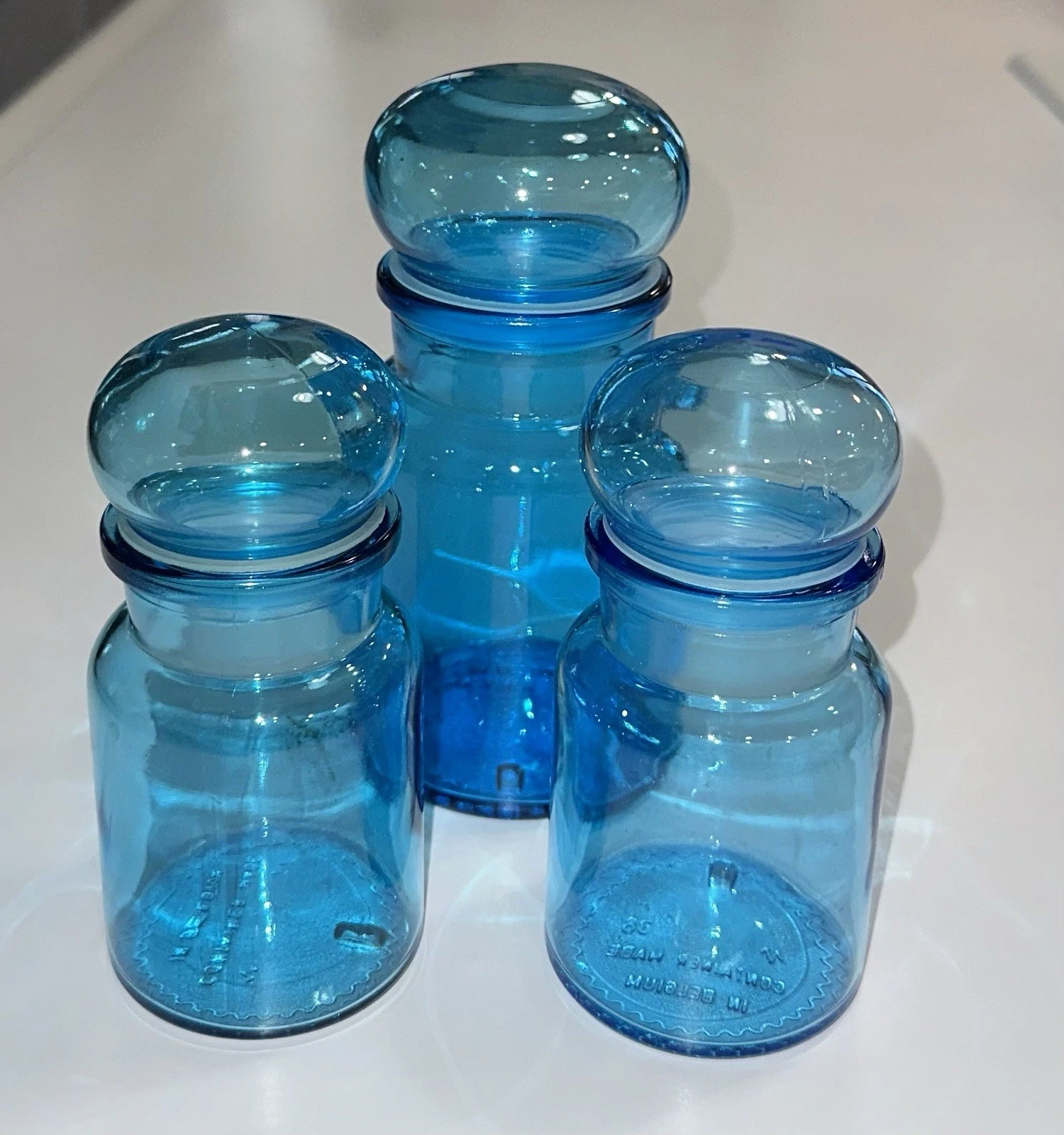 Set of 3 Belgium Blue Glass Canisters Container Bubble Top Lid Apothecary Jars