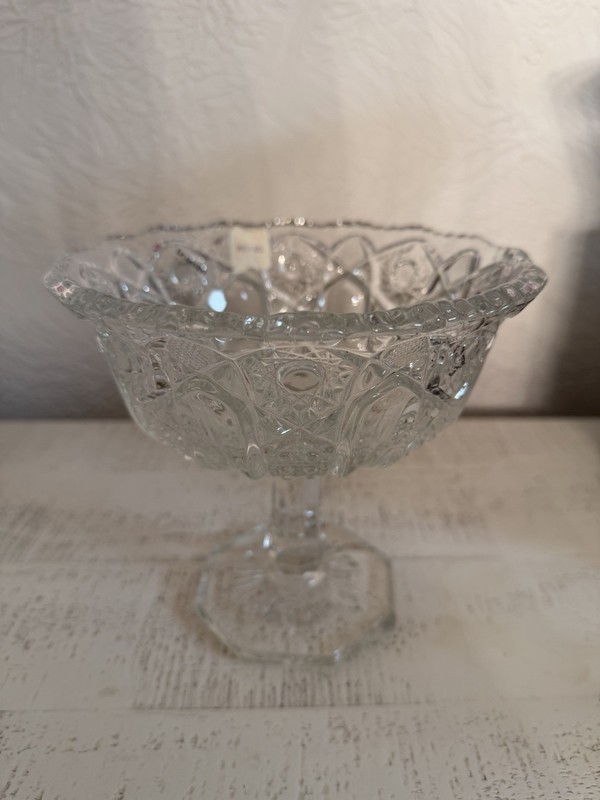 Vintage LE Smith Heritage Quintec Pressed Glass Lg Crystal Footed Compote 7" New