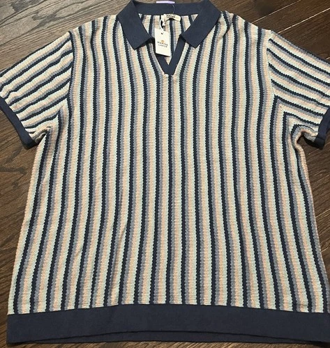 NWT Marine Layer Liam SS Sweater Polo Blue Multi Stripe Mens Size XL $118