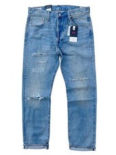 Levi  s Mens 501 Selvedge Jeans Turquoise Rivet Medium Wash Distressed Repaired
