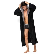KEMUSI Hooded Herringbone Mens Black Soft Spa Full Lenght Bathrobe With Grey ...
