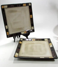 Home Trends MOSAIC TILE Multicolor Blocks Rim Beige Square Dinner Plates Set 2