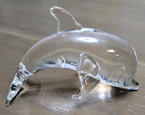 Steuben Crystal Jumping Dolphin Sculpture Glass Paperweight 5 1/2" Signed