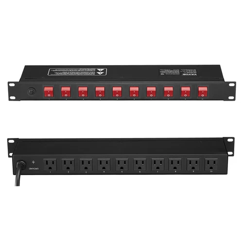 19" 1U PDU 10 Outlets Rack Mount Power Strip Surge  Overload Protection