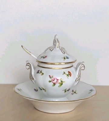 Vista Alegre VA Portugal Vintage Porcelain Floral Jam Jar Mustard Pot and Spoon