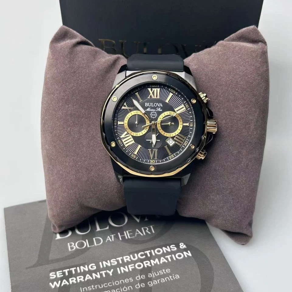 Bulova Marine Star Men's Quartz Watch Gold/Black Dial Rubber Strap 44mm 98B278 - Image 3 of 4