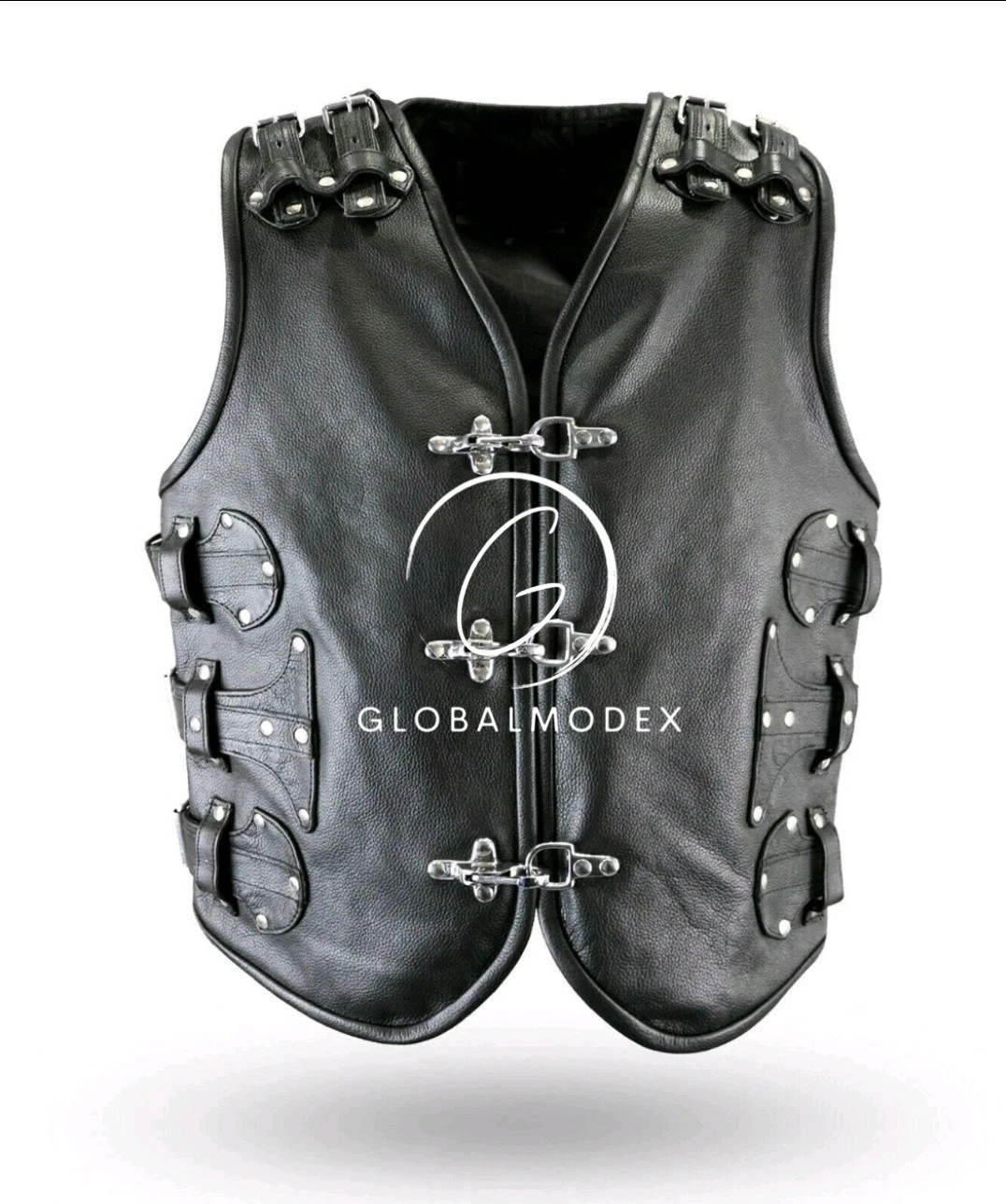 Men Black Leather Motorcycle Vest Gothic Buckle Biker Waistcoat Custom Handmade