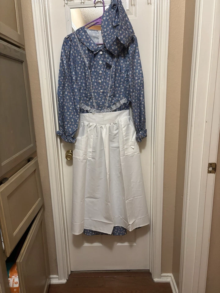 Blue Floral Prairie Colonial Reenactment Dress Pioneer Womens Small & Bonnet - Image 3 of 3