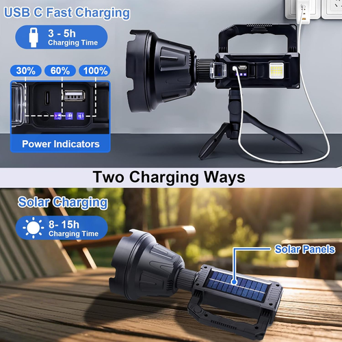 Rechargeable Handheld Spotlight, 3,000,000 Lumens Super Bright LED Solar & Batte - Picture 3 of 7