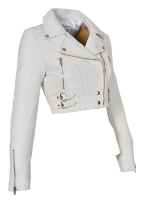 White Leather Womens Biker Jacket Short 