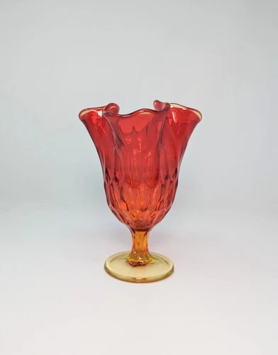 Fenton Art Glass Thumbprint Vintage Amberina Handkerchief Swung Pedestal 7" Vase