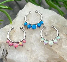 1pc Non-Piercing Five Paved Opal Gems Septum Hanger Clip-On Fake Nose Ring
