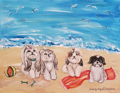 SHIH TZU on the Beach dog pop folk Art Print 8x10 Signed by Artist KSams