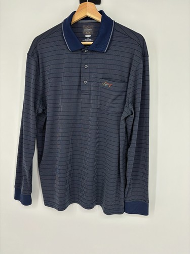 Greg Norman Short Sleeve Collared Navy Blue Striped Polo Shirt Men's Size Medium - Picture 2 of 8