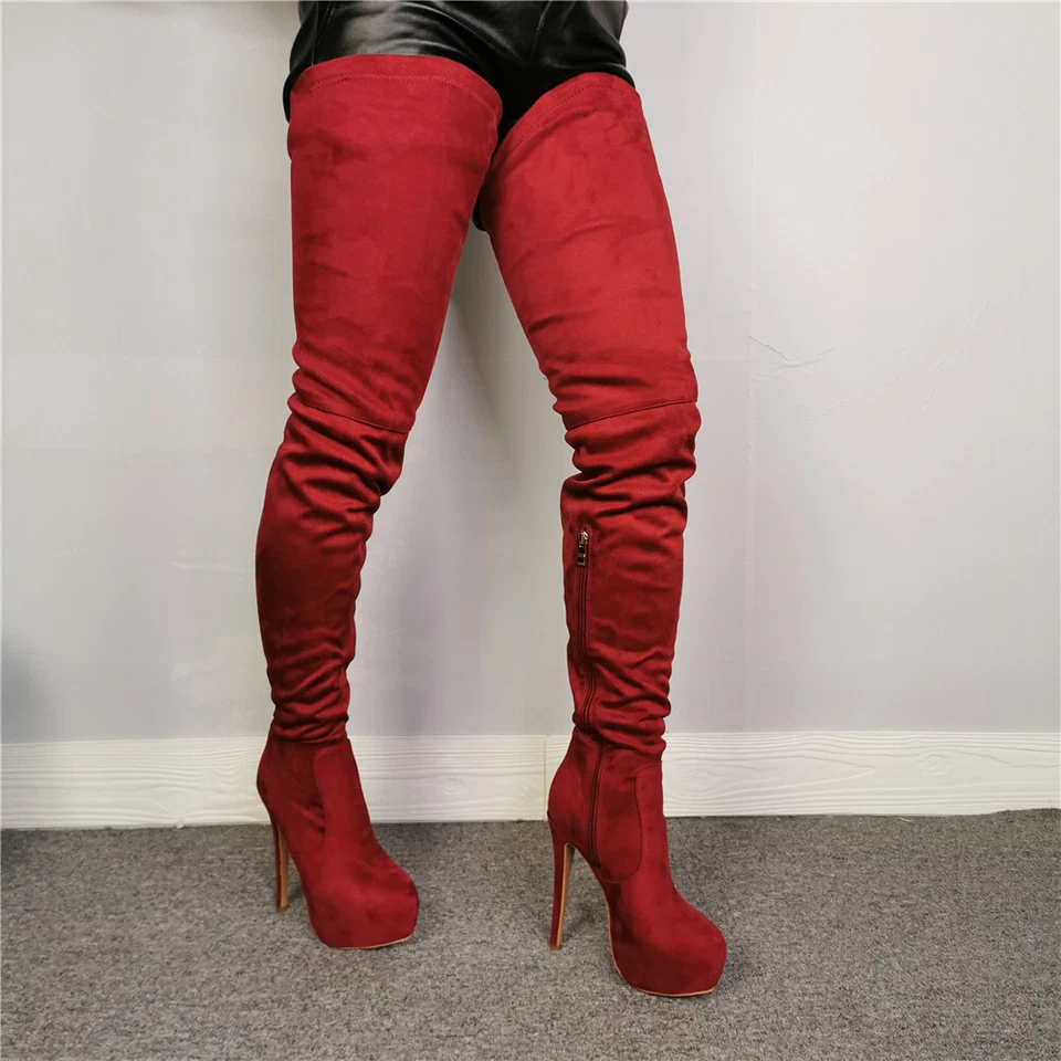 Botas femininas acima do joelho biqueira redonda plataforma salto alto vinho vermelho camurça sintética sapatos - Imagem 3 de 4