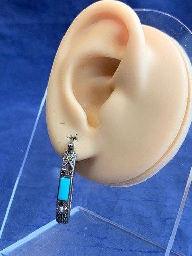 Sterling Silver Earrings 6.32g Fine Jewelry Turquoise Look Marcasite Hoops READ - Imagen 15 de 24