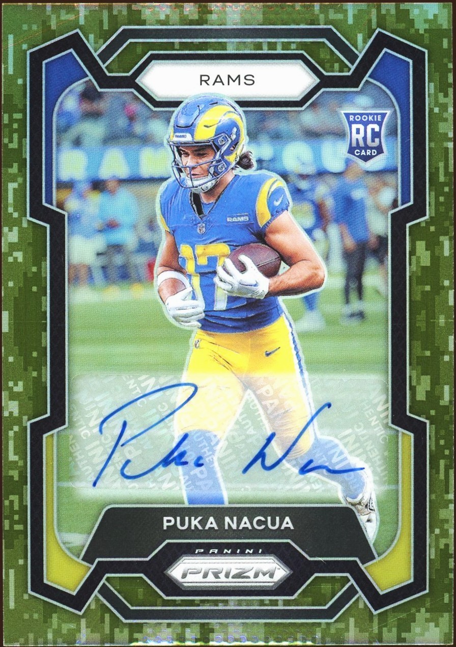 2023 Prizm Puka Nacua #357 Green Camo Rookie RC Auto /25