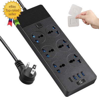 Universal Power Adapter,  3000W Power Strip with 4 USB Ports (1 USB C), 6Ft