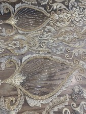 Gold Beaded Lace Fabric, Sequined Embroidered Tulle, Bridal Lace Evening Gown