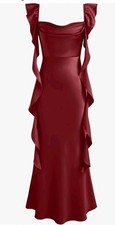 Cider Burgundy Satin Ruffle Maxi Dress Size "S" New