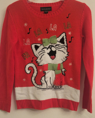 Sweather Blizzard Bay Christmas Holiday Red Happy Kitty Cat Girl Lg Sequin Note