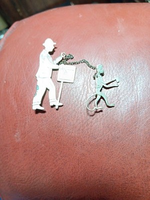 Vintage Organ Grinder & Monkey Sweater Guard Brooch Pin. Silver-tone 1920's