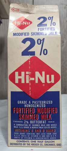 CARTON DE LAIT CARTON 1/2 GALLON : Lait écrémé modifié Hi-Nu 2% enrichi (Kroger) - Photo 1/18