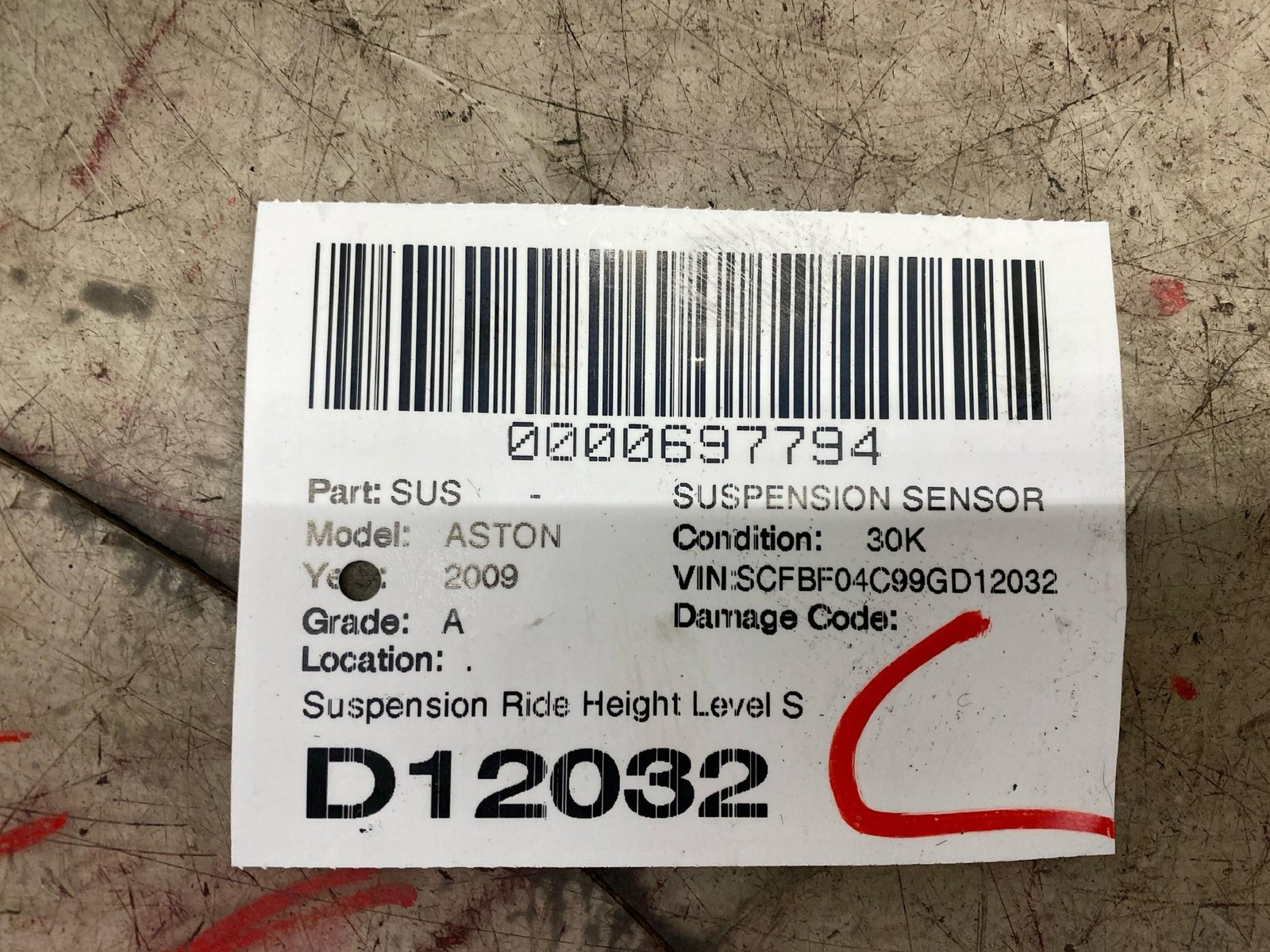 Aston Martin Vantage 2009 Ride height sensor P/N 100030
