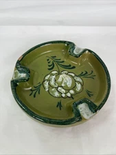 Vintage Ceramic Handpainted Olive Avocado Green Round Ashtray Made In Italy
