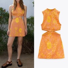 Zara Pink Orange Floral Cut Out Mock Neck Mini Dress XS Retro Y2K