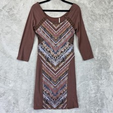 Free People Dress Womens XS Brown Multicolor Chevron Bodycon 3/4 Sleeve Keyhole