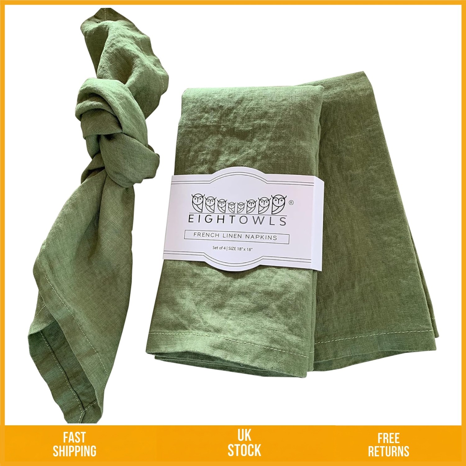 Elegant French Flax Stonewashed Linen Cloth Napkins Pepper Green 18x18 Set of 4