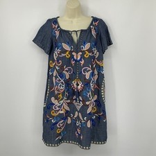 Holding Horses Folklore embroidered chambray denim shift dress blue floral 0