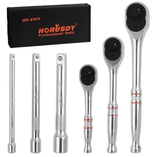 6PC Ratchet Socket Wrench Handle 1/2" 3/8" 1/4" Drive 90 Tooth Extension Bar