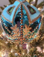 Large Vintage Blown Glass Ornament Teal Blue Peacock 4" Gold Glitter in Box