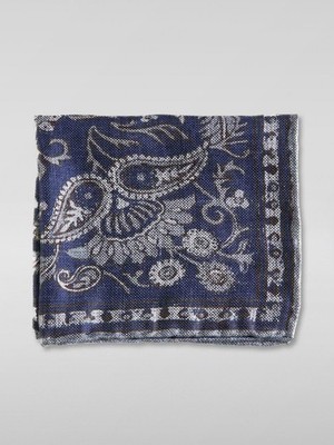 BRUNELLO CUCINELLI MEN'S NAVY GRAY LINEN SILK POCKETSQUARE MSRP $300